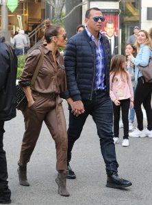 Jennifer Lopez in a Beige Leather Suit