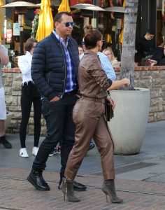 Jennifer Lopez in a Beige Leather Suit