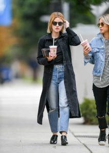 Lucy Hale in a Black Denim Trench Coat