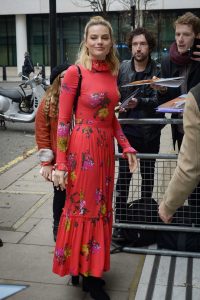 Margot Robbie in a Red Floral Dress