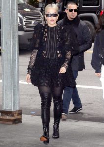 Rita Ora in a Black Embroidered Dress