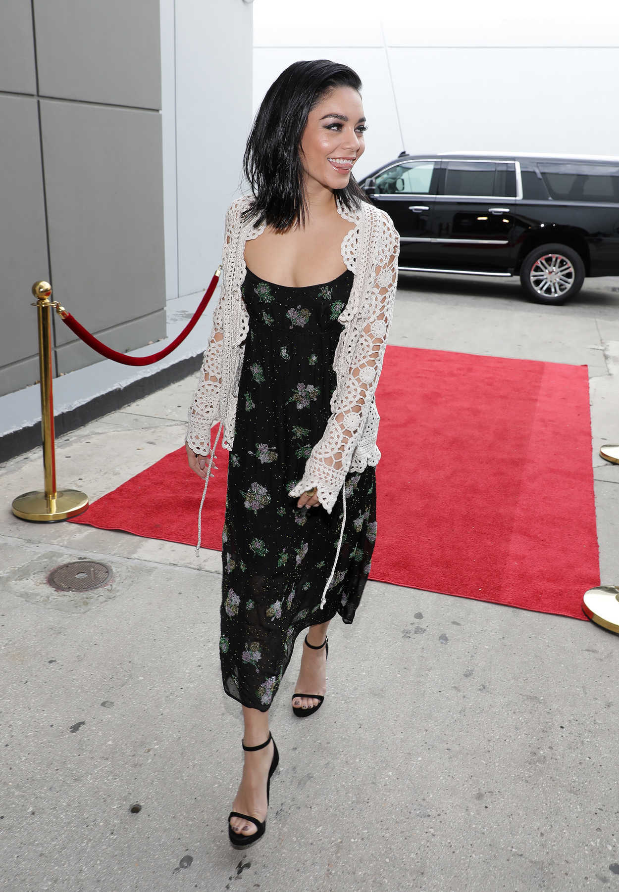 Vanessa Hudgens in a Black Floral Dress Promotes Her New Movie in Miami ...
