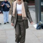 Amy Jackson in a Gray Suit Arrives at AOL Build TV Series in London 01/21/2019