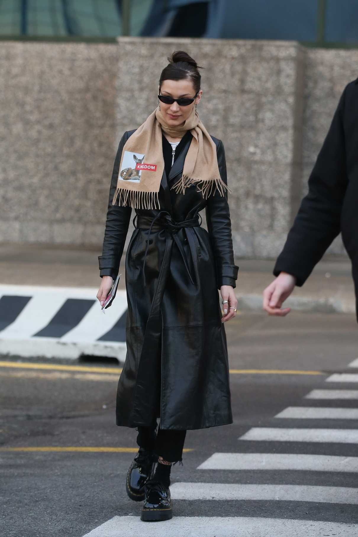 Bella Hadid in a Black Leather Trench Coat Was Seen Out in Milan 01/12