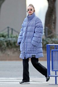 Gigi Hadid in a Pin Stripe Puffer Jacket