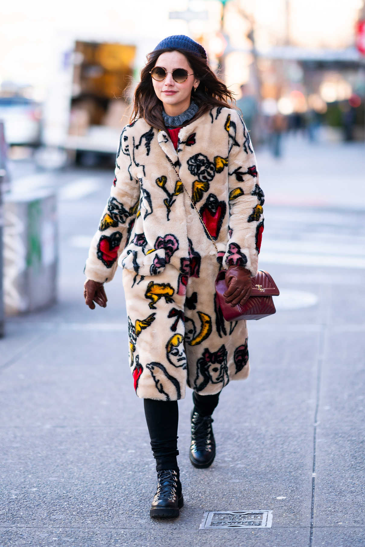 Jenna Coleman in a Pattern Fur Coat