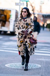 Jenna Coleman in a Pattern Fur Coat