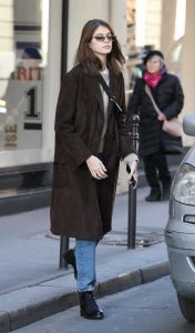 Kaia Gerber in a Brown Coat