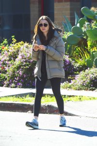 Lily Collins in a Gray Puffer Jacket