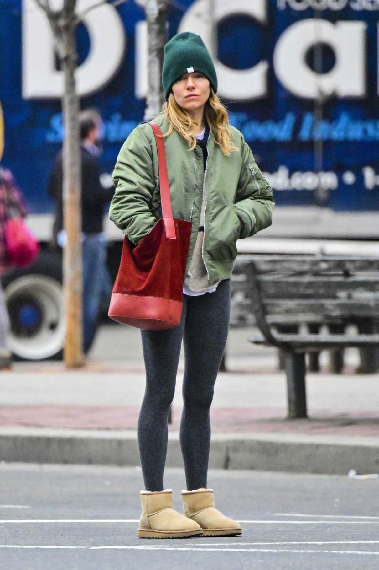 Sienna Miller in a Green Knit Hat Was Seen Out in New York City 01/29