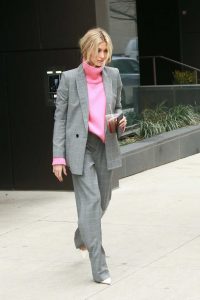 Hailey Baldwin in a Gray Suit