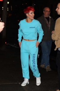 Halsey in a Blue Neon Jogging Suit