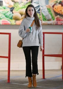 Lily Collins in a Gray Sweater