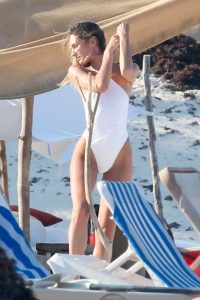 Candice Swanepoel in a White Swimsuit