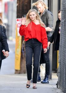 Chloe Moretz in a Red Oversized Sweater