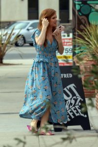 Isla Fisher in a Blue Floral Dress