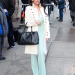 Janel Parrish in a White Trench Coat Leaves Good Morning America in NYC 03/20/2019