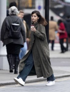 Jenna Coleman in a Gray Coat