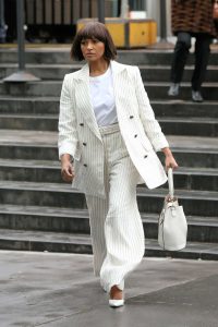 Kat Graham in a White Striped Suit