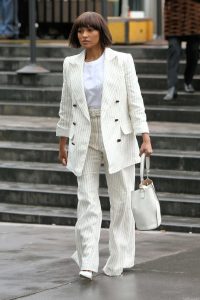 Kat Graham in a White Striped Suit