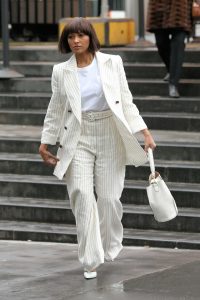 Kat Graham in a White Striped Suit