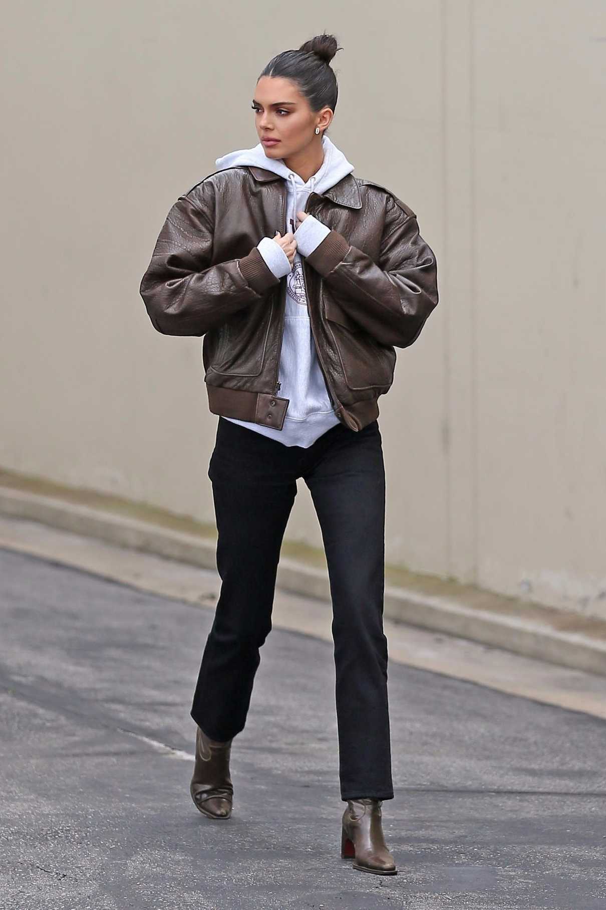 Kendall Jenner in a Brown Leather Jacket Heads Out from the Family ...