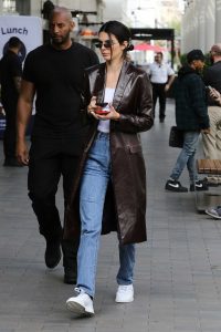 Kendall Jenner in a Brown Leather Trench Coat