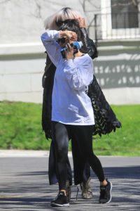Kourtney Kardashian in a White Long Sleeves T-Shirt