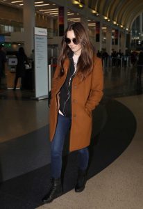 Lily Collins in a Brown Coat