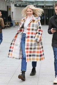 Mollie King in a Plaid Trench Coat