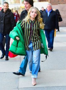 Sabrina Carpenter in a Green Puffer Jacket