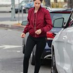 Amanda Crew in a Red Bomber Jacket Stops for Coffee in Studio City 04/25/2019
