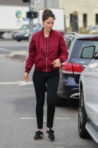 Amanda Crew in a Red Bomber Jacket