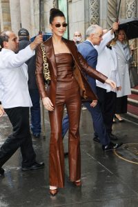 Bella Hadid in a Brown Leather Suit