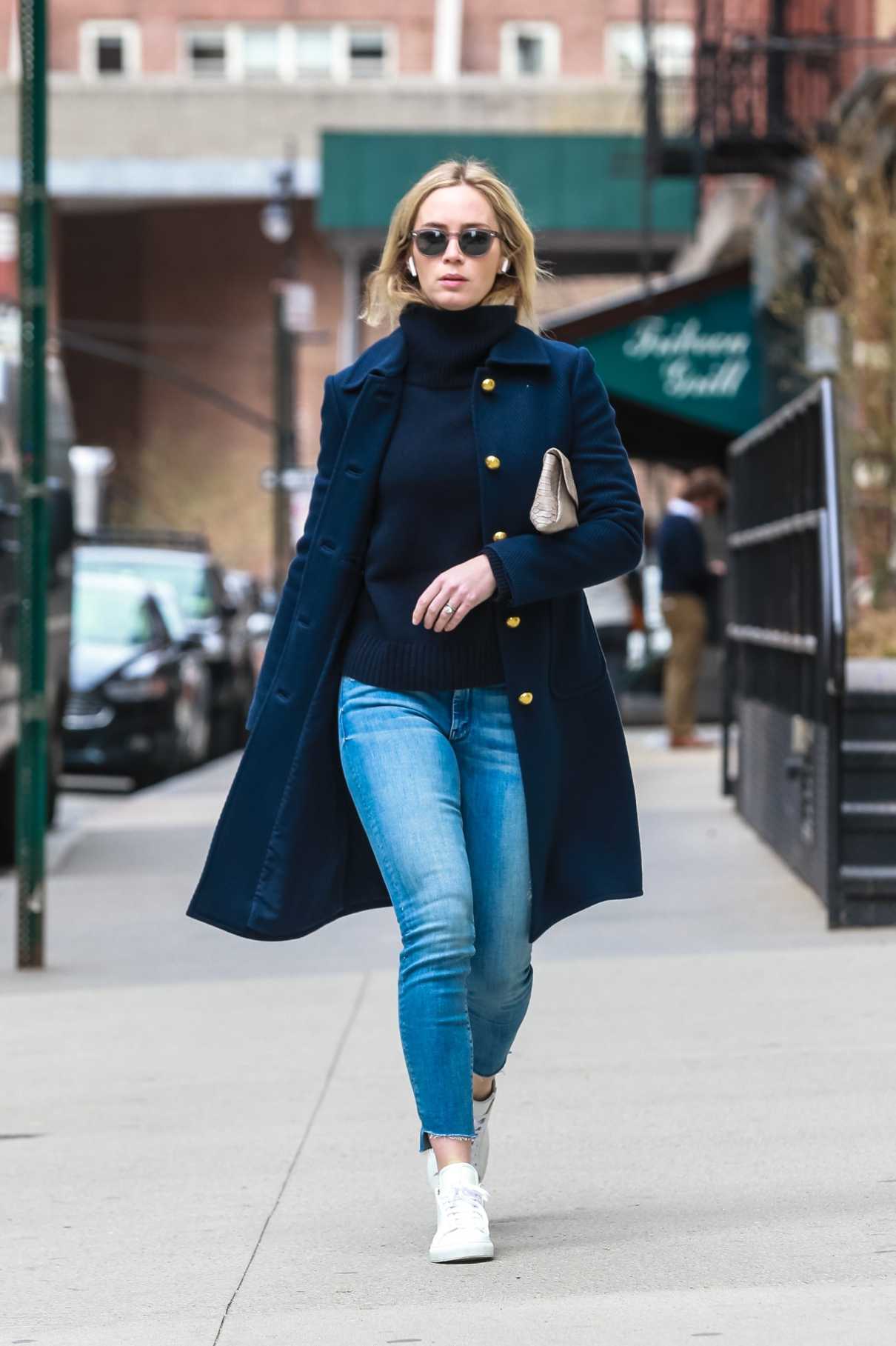 Emily Blunt in a Dark Blue Coat Enjoys a Morning Stroll in Tribeca, NYC ...