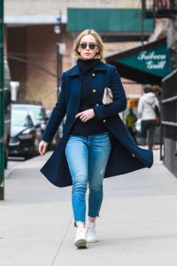 Emily Blunt in a Dark Blue Coat