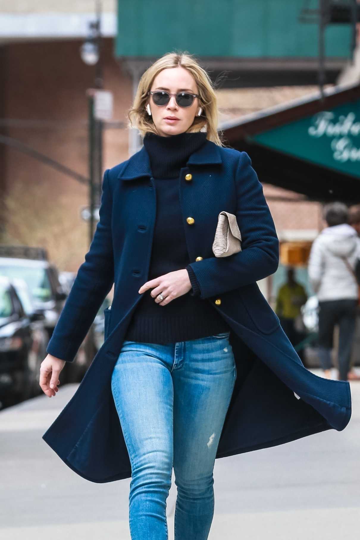 Emily Blunt in a Dark Blue Coat Enjoys a Morning Stroll in Tribeca, NYC ...