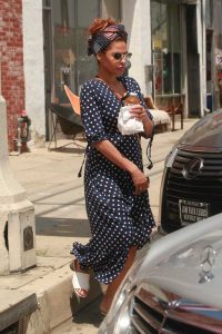 Eva Mendes in a Blue Polka Dot Dress