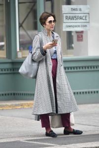 Maggie Gyllenhaal in a Gray Checked Trench Coat