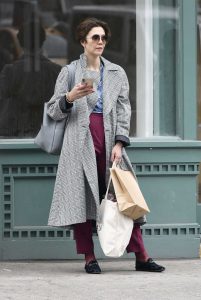 Maggie Gyllenhaal in a Gray Checked Trench Coat