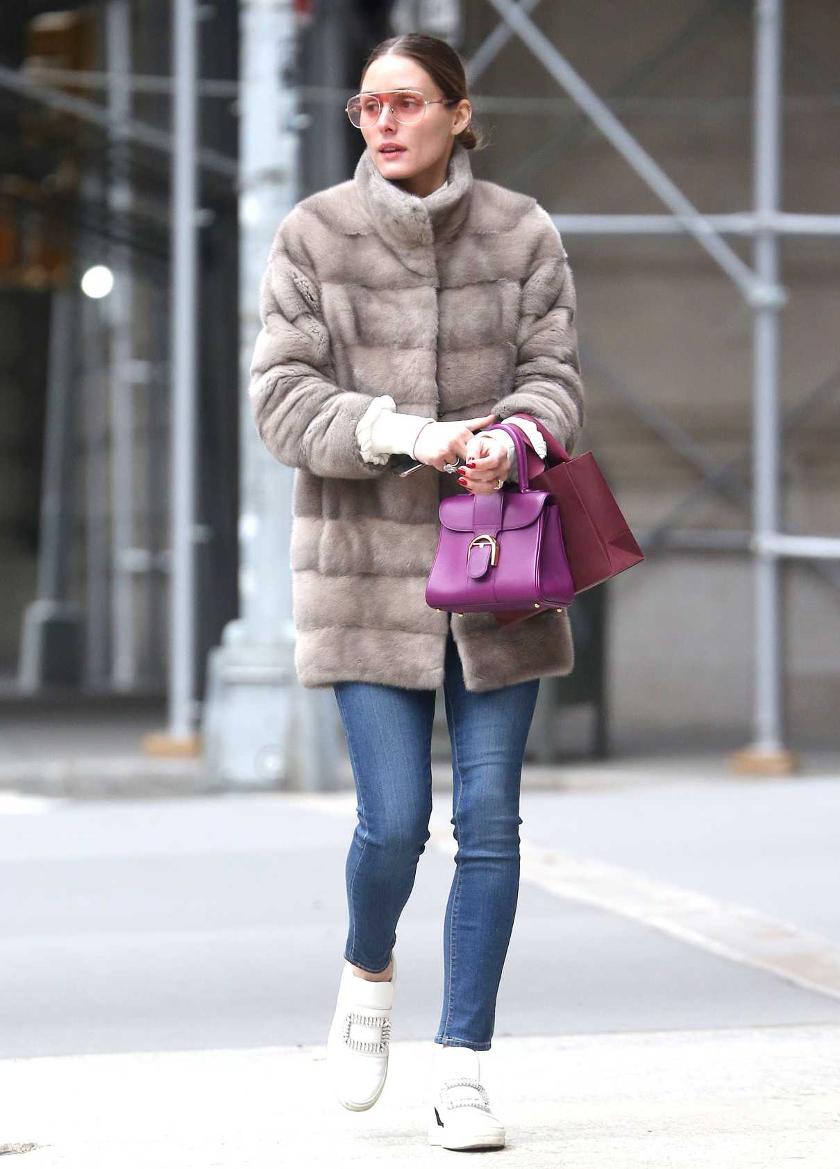 Olivia Palermo in a Beige Fur Coat