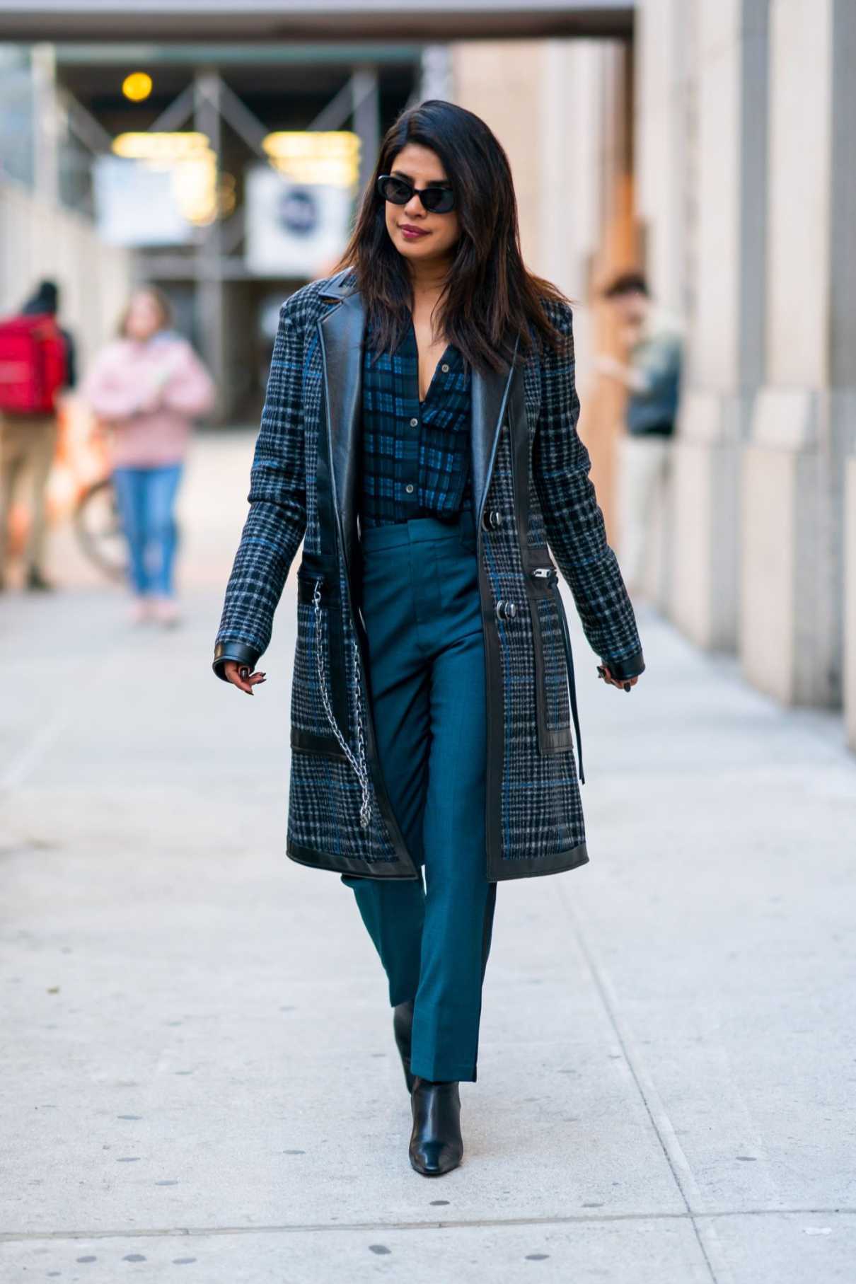 Priyanka Chopra in a Blue Plaid Coat