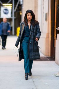 Priyanka Chopra in a Blue Plaid Coat