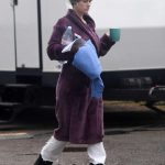 Alice Eve in a Purple Bathrobe on the Set of the Belgravia Series in London 05/09/2019