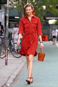 Karlie Kloss in a Red Button up Dress