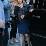 Melissa Rauch in a Black Leather Jacket Coming Out from the Stephen Colbert Show in New York City 05/16/2019