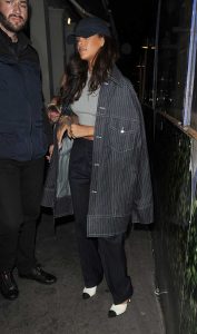 Rihanna in a Black Oversized Striped Jacket