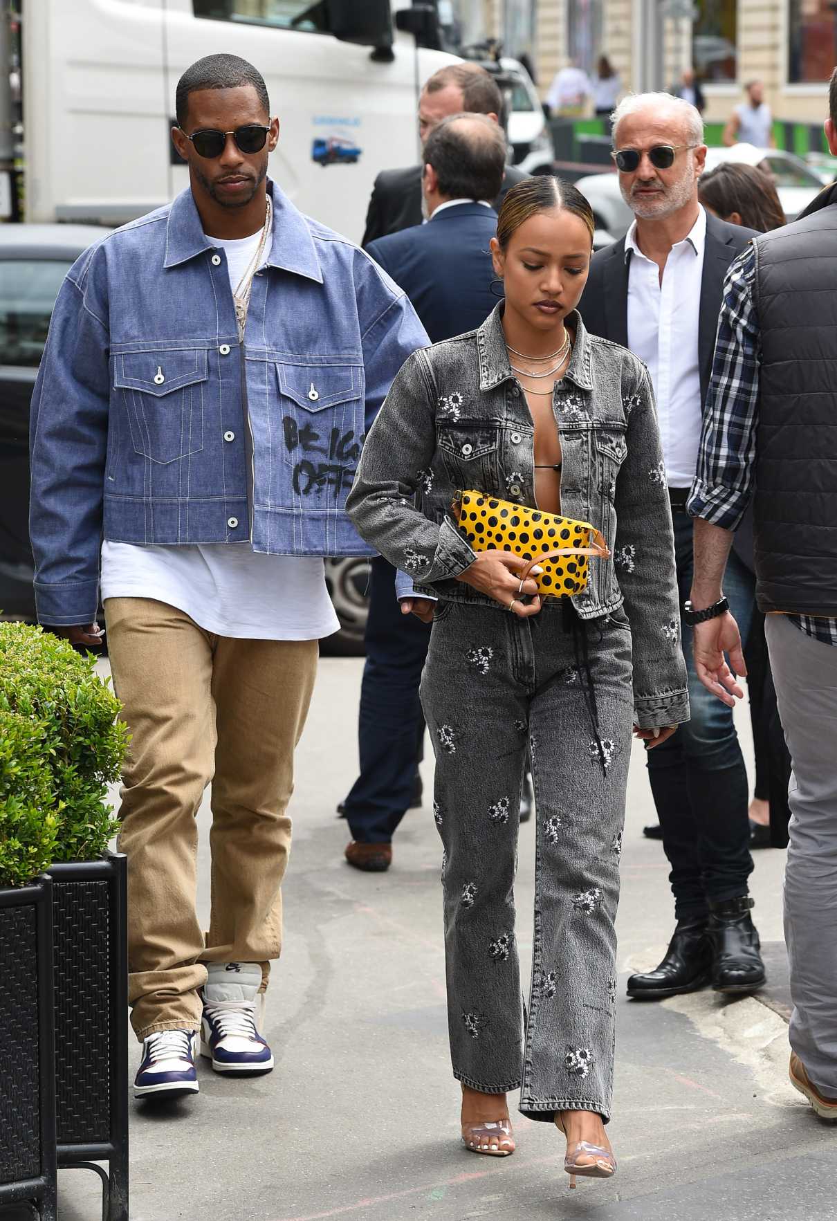 Karrueche Tran in a Gray Denim Suit