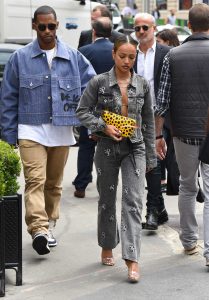 Karrueche Tran in a Gray Denim Suit