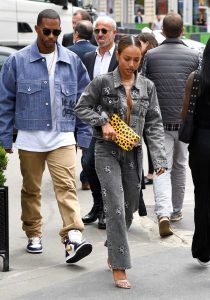 Karrueche Tran in a Gray Denim Suit